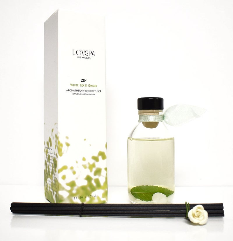 LOVSPA Reed Diffuser Set, Zen White Tea & Ginger Scented Oil Diffuser with Sticks, Home Fragrance Accessories for Bathroom Shelf Decor, Aroma Diffusers for Home or Office Desk, USA Made - Image 4